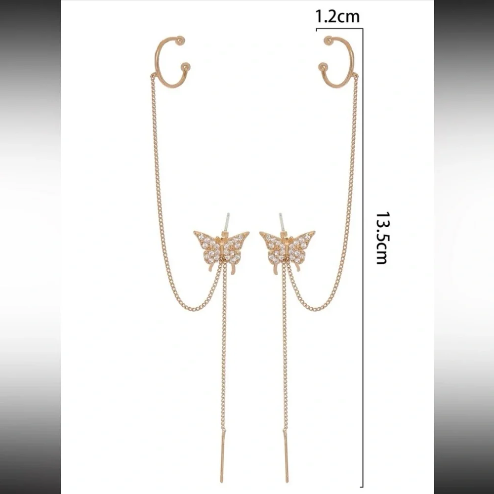 2pcs Cubic Zirconia Butterfly Decor Chain Linked Earring Yellow Gold Jewelry